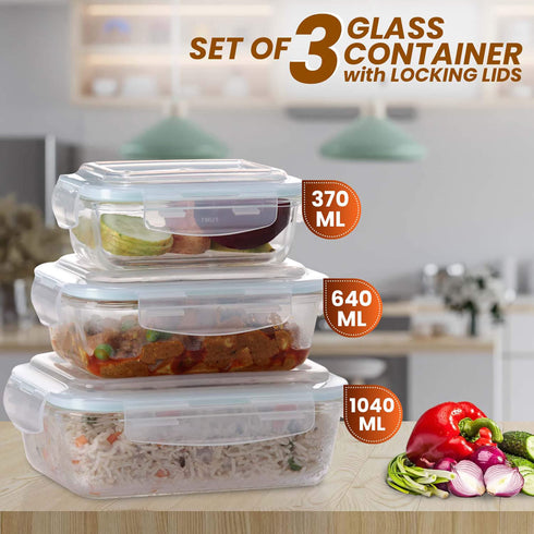 Elite Glass Container, 3 pcs Set - 370, 640,1040 ml